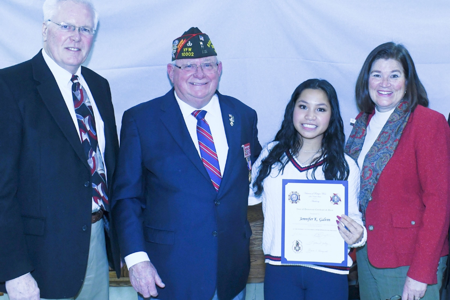 Jennifer Galvin, was awared 1st place honors for 5th District Voice of Democracy. Jennifer will travel to Springfield, Illinois for the VFW Department of Illinois Awards for the District Champions. 